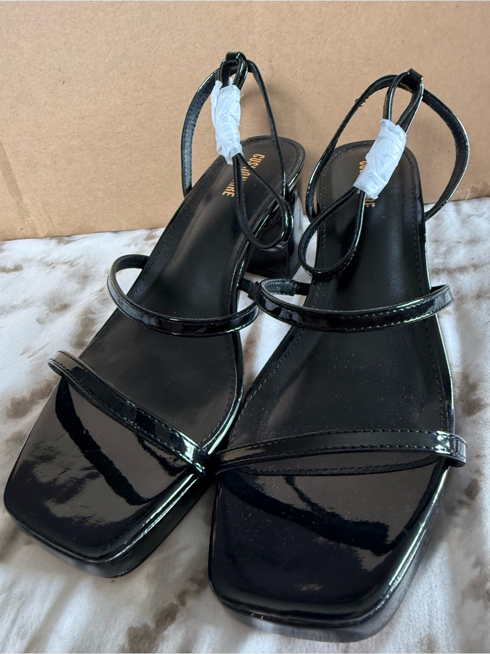 Patent Black Strappy Square-Toe Slingback Heels - Women's